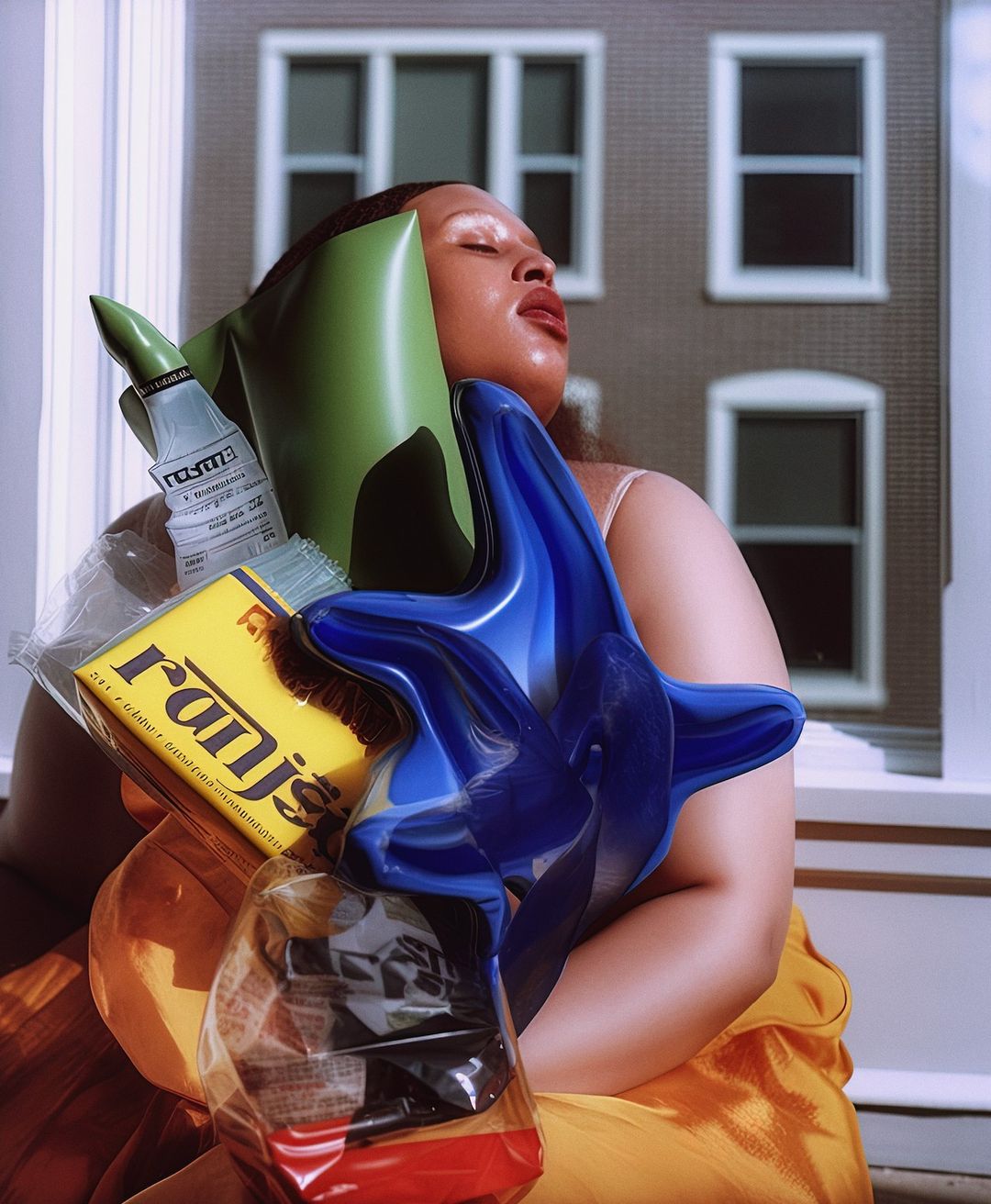 Woman with closed eyes sits holding skincare products in a window-lit room, wearing a yellow dress, with bright light and smooth skin.