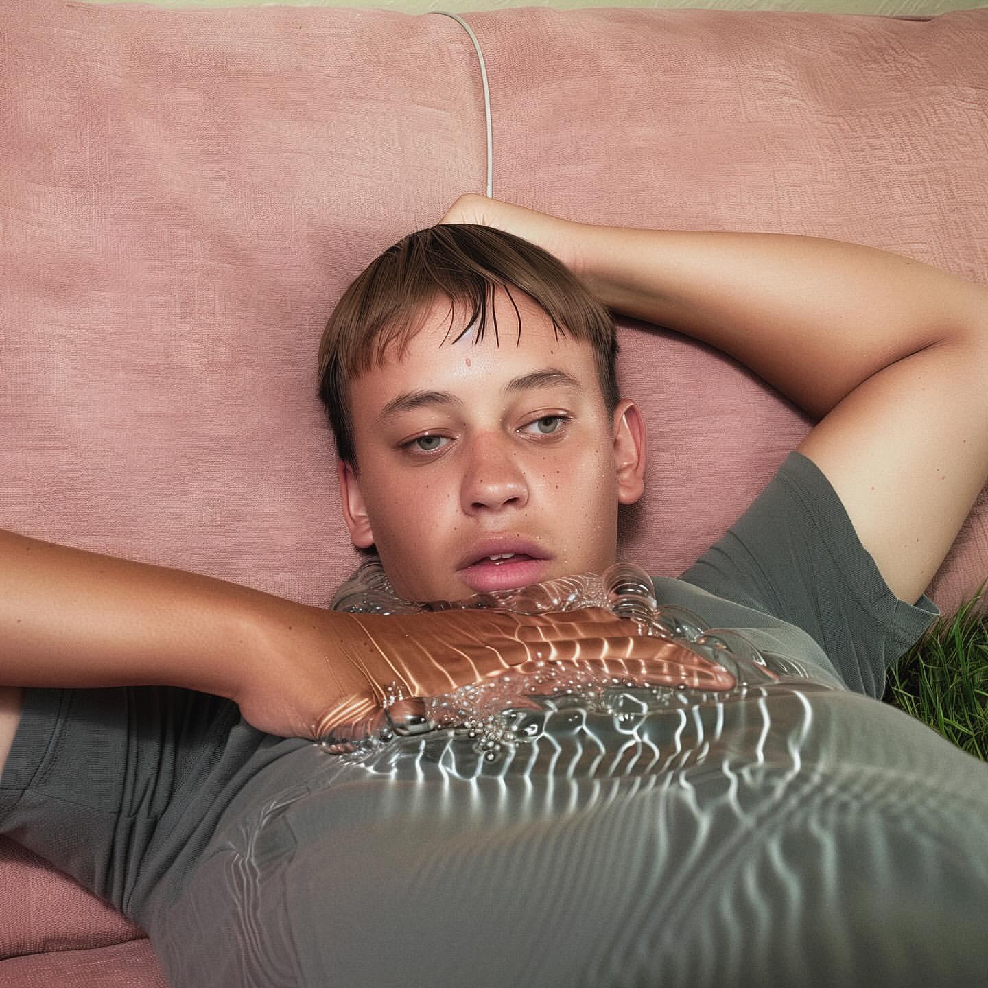 A young man lies back with his arms above his head, with water rippling across his torso and a hint of greenery visible.