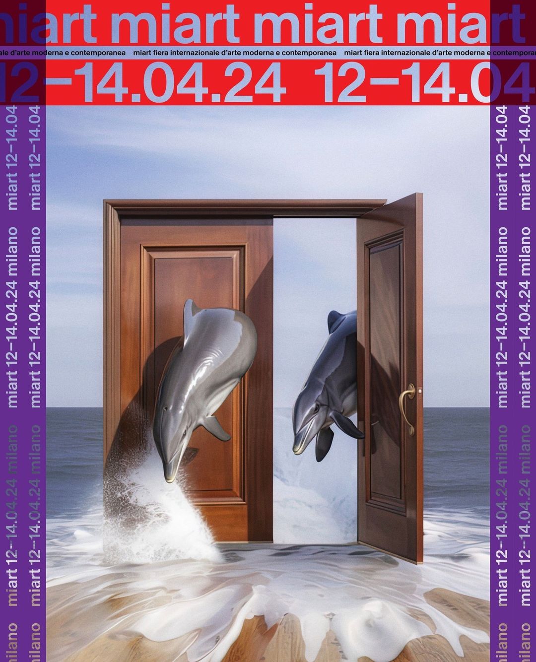 Surreal art poster with dolphins jumping through an open wooden door on a sandy beach with ocean waves, promoting Miart art fair.