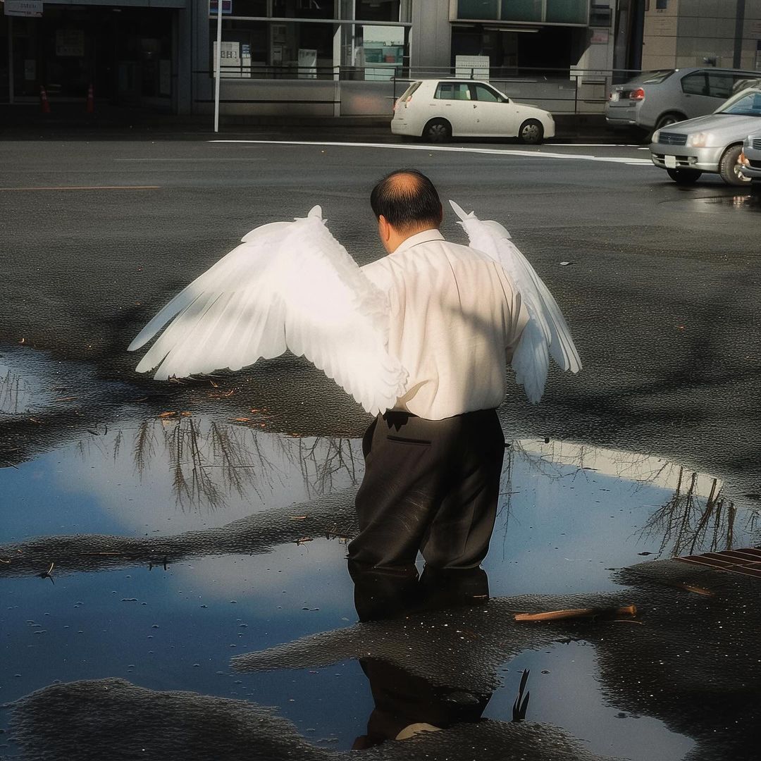 Adult male with angel wings standing in a puddle reflecting street and architecture in an urban landscape with cars in the background.