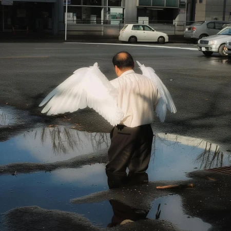 Adult male with angel wings standing in a puddle reflecting street and architecture in an urban landscape with cars in the background.