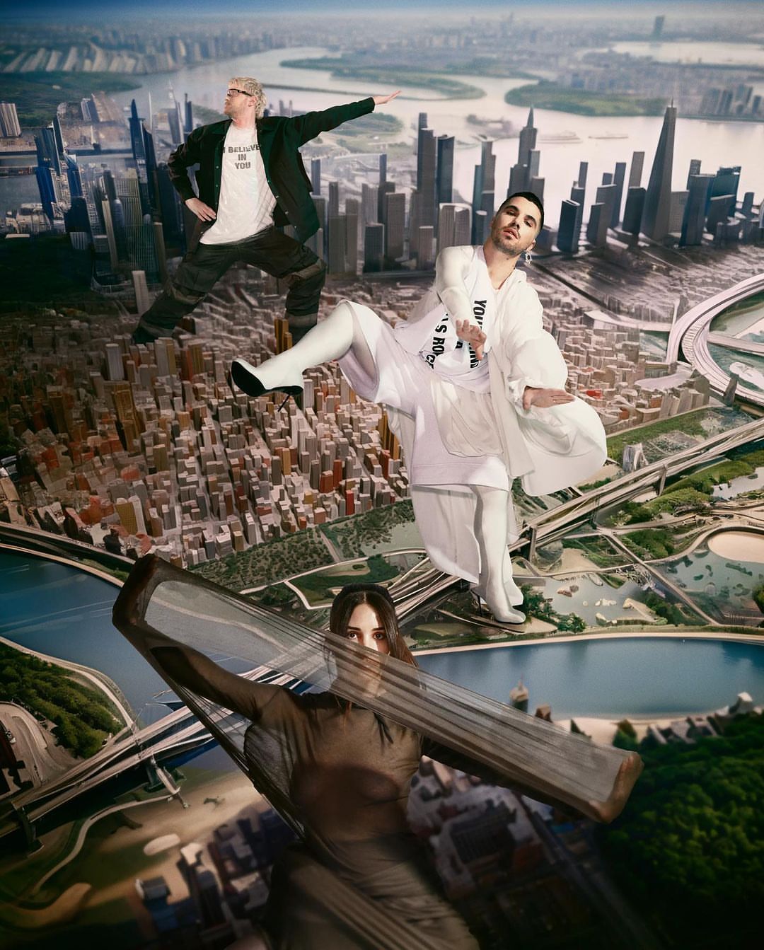 Three people superimposed over a city with river.  One man stands in a black suit; one in white clothes; one in brown carrying a frame.