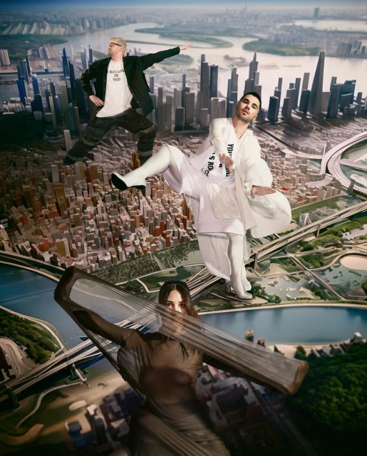 Three people superimposed over a city with river.  One man stands in a black suit; one in white clothes; one in brown carrying a frame.