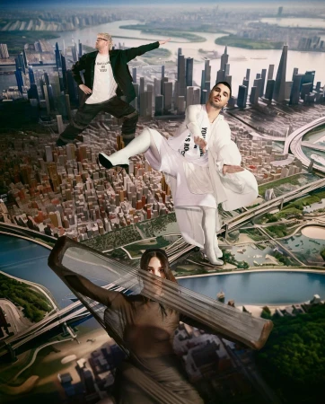 Three people superimposed over a city with river.  One man stands in a black suit; one in white clothes; one in brown carrying a frame.