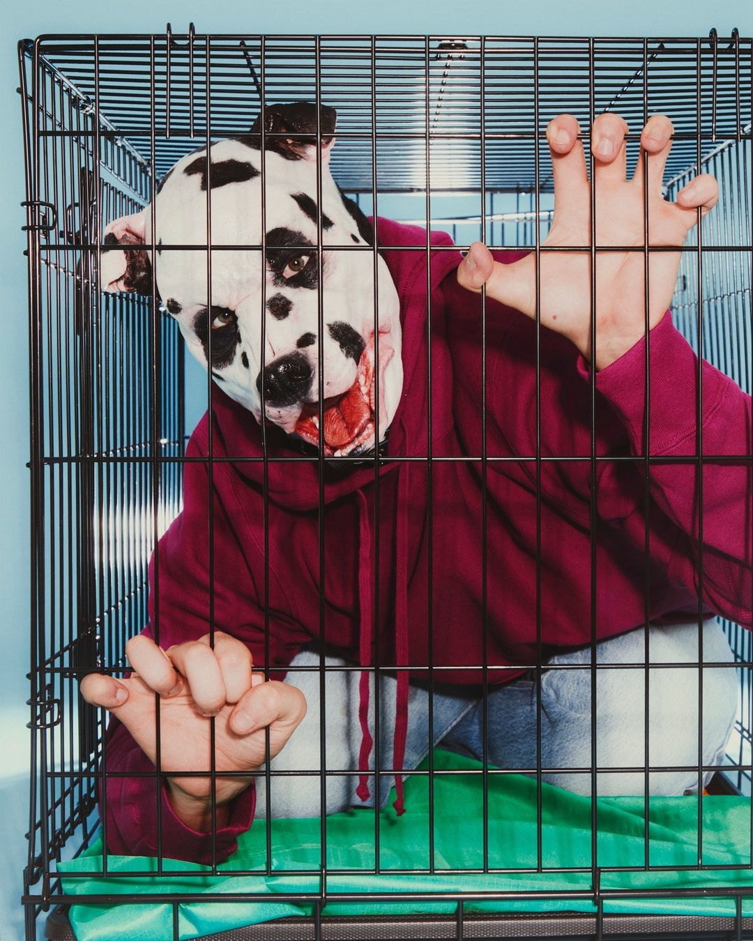 Person in a dog mask inside a black metal cage, wearing a maroon hoodie and blue jeans against a light blue background.