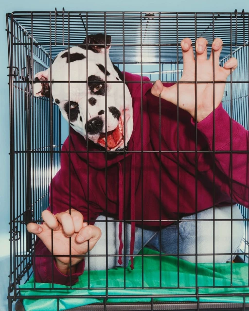 Person in a dog mask inside a black metal cage, wearing a maroon hoodie and blue jeans against a light blue background.