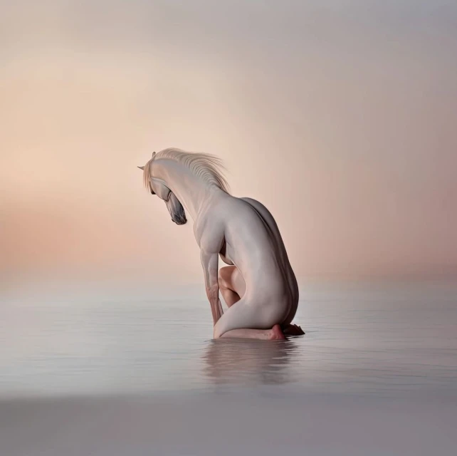 Conceptual art of a surreal, nude human figure posed in the shape of a white horse standing in water, creating an ethereal, dreamlike scene.
