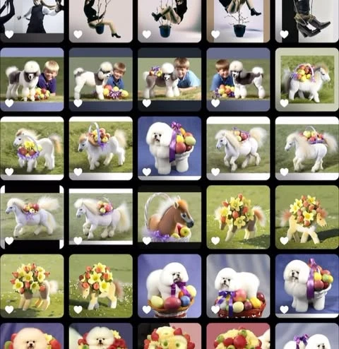 Image gallery featuring dogs, ponies, and children. Some are decorated with flowers and fruit in an outdoor green environment.