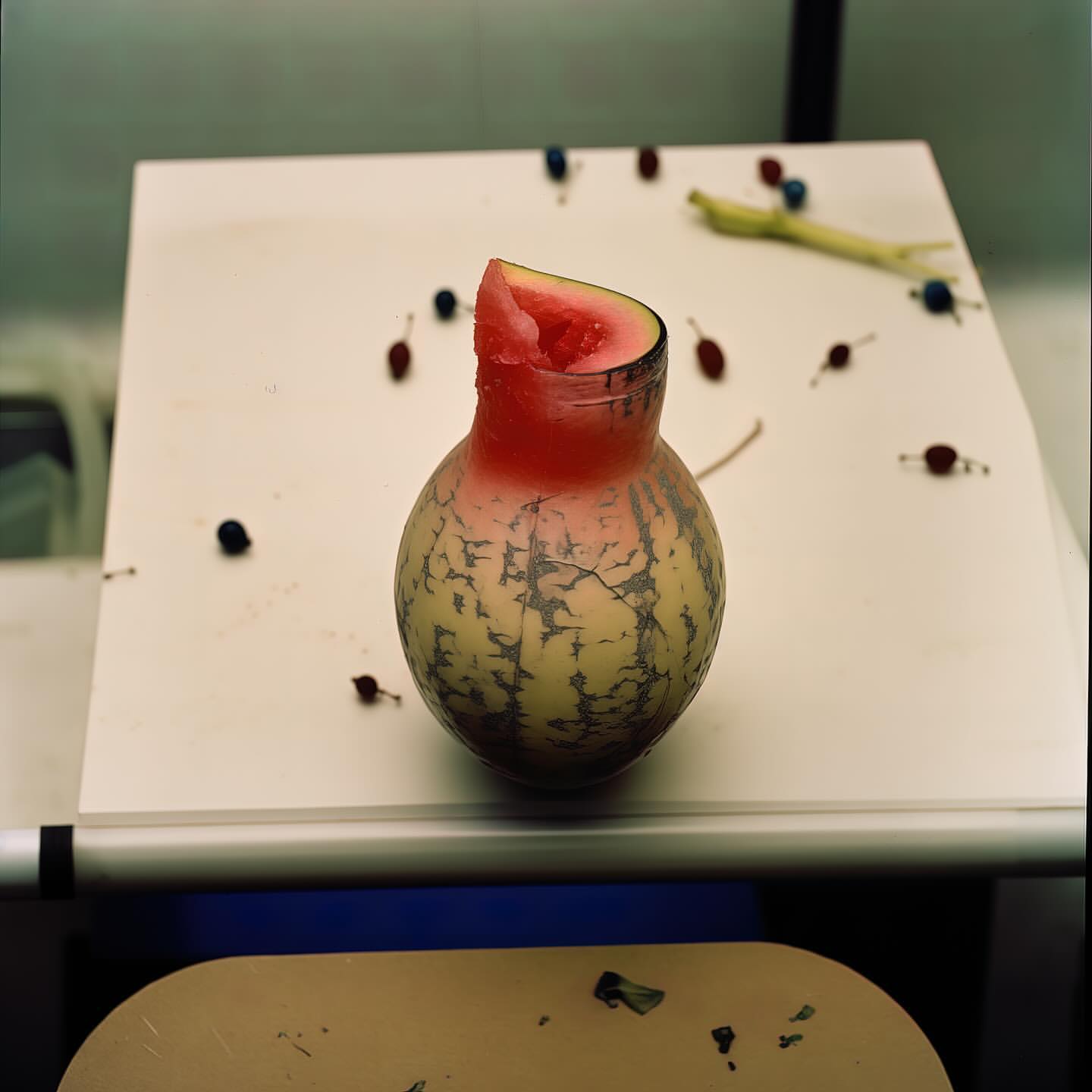 Close-up shot of a carved watermelon on a white surface with scattered berries and a green stalk, showing a creative food presentation.