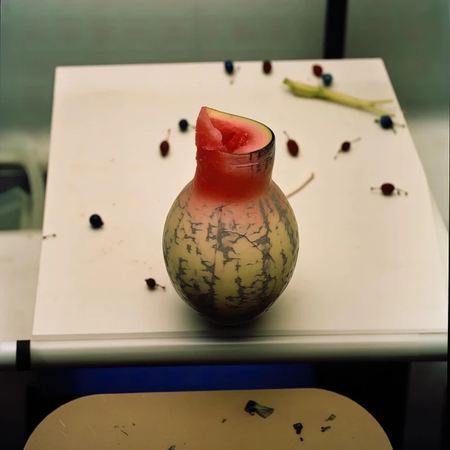 Close-up shot of a carved watermelon on a white surface with scattered berries and a green stalk, showing a creative food presentation.