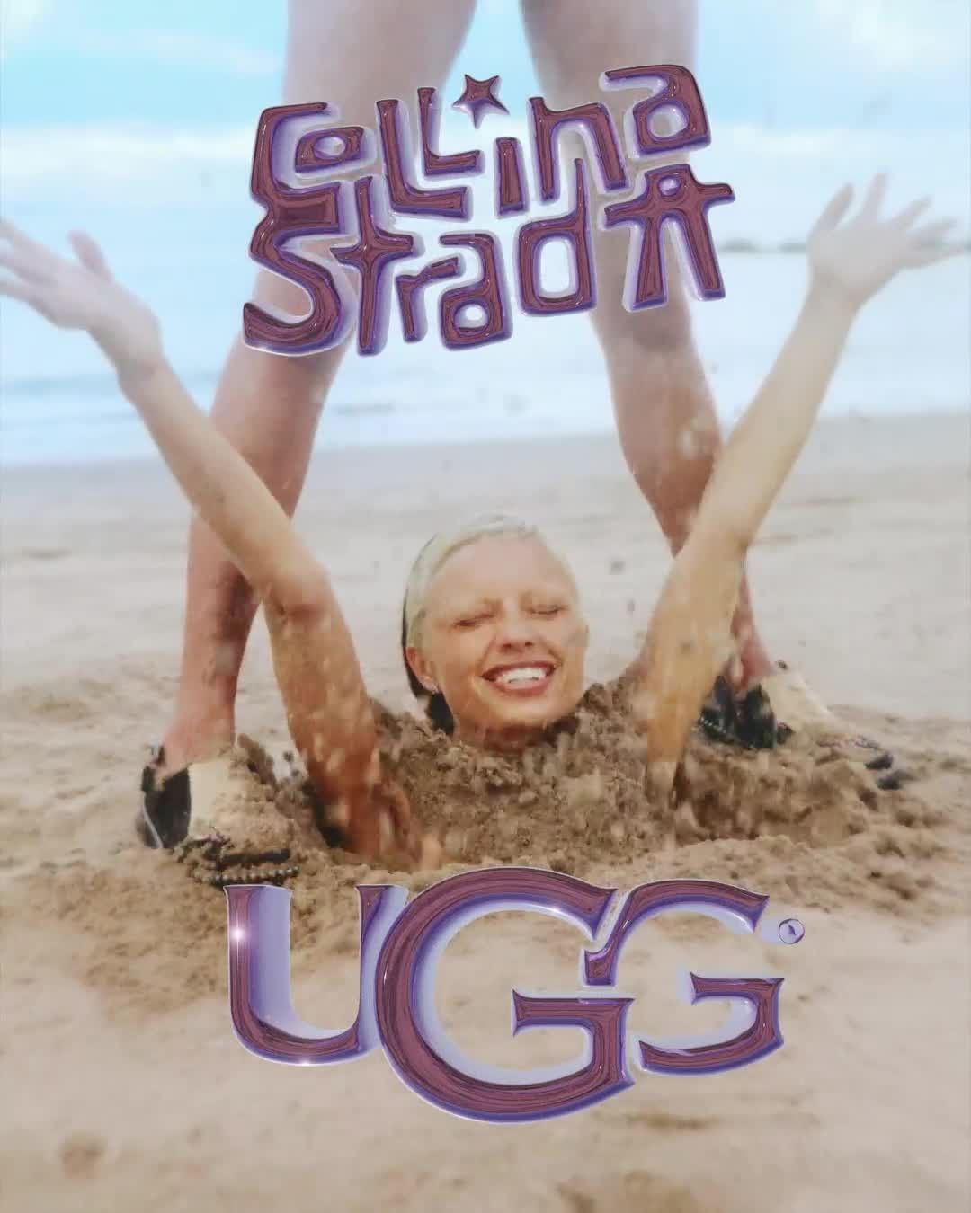 Fashion shot featuring a woman partially buried in sand with raised arms, a person standing behind her, and brand logos.