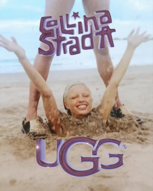 Fashion shot featuring a woman partially buried in sand with raised arms, a person standing behind her, and brand logos.