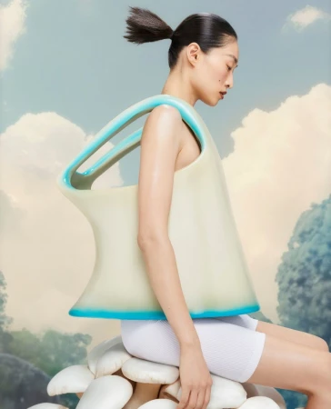 Asian model wearing a sculptural translucent structured tunic bag piece seated outdoors against a cloudy sky background