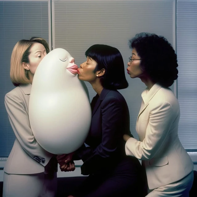 Three women in business suits kiss a white, egg-shaped figure with a human face in an office setting with window blinds in the background.