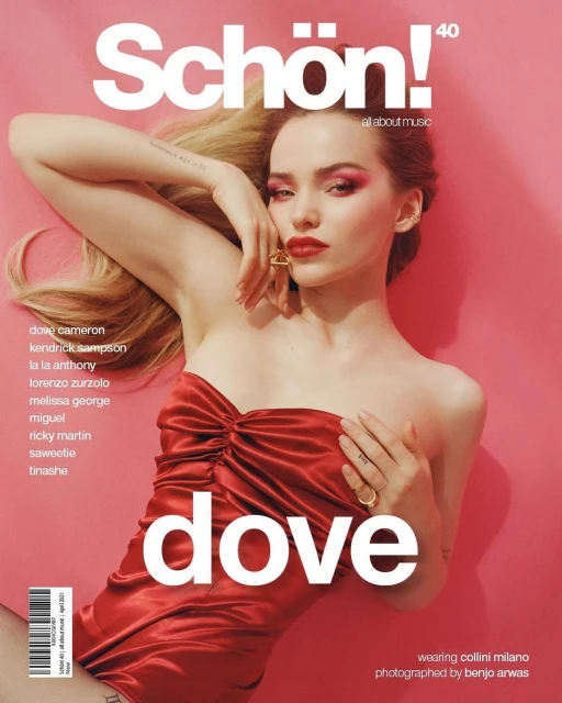 Schön! magazine cover featuring Dove Cameron in a red dress, lying down against a pink background with editorial makeup and jewelry.