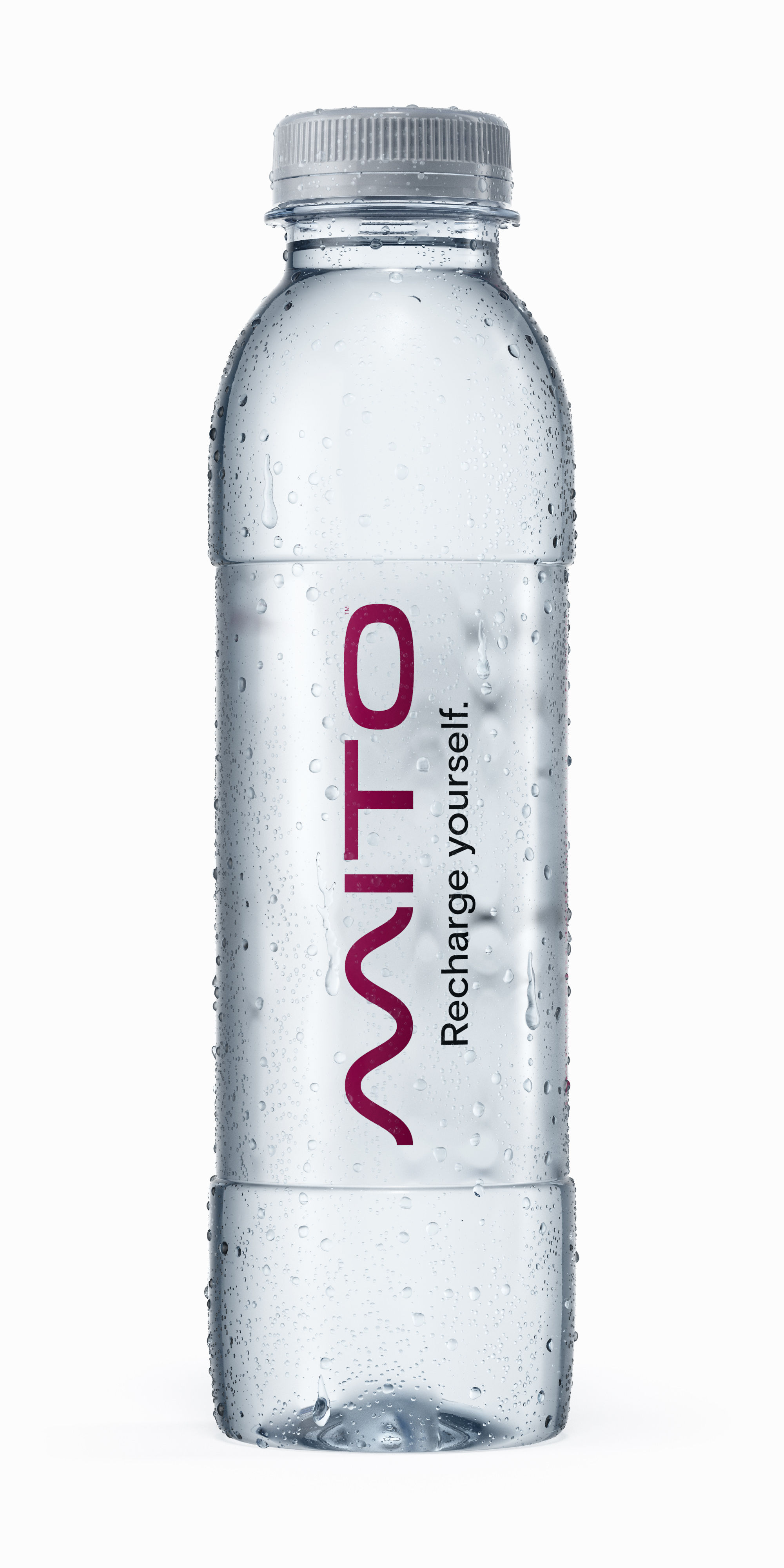 Clear plastic Mito water bottle with white cap and label against a white background, condensation droplets are visible on the bottle.