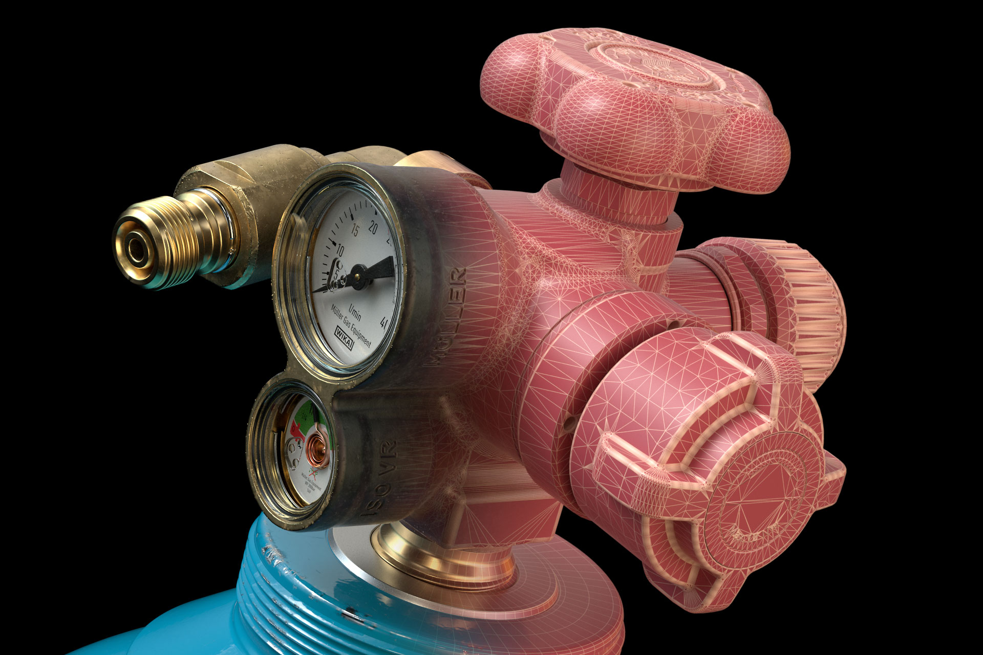 Close-up of a blue industrial gas cylinder with brass fittings, pressure gauges, and a red valve, set against a stark black backdrop.