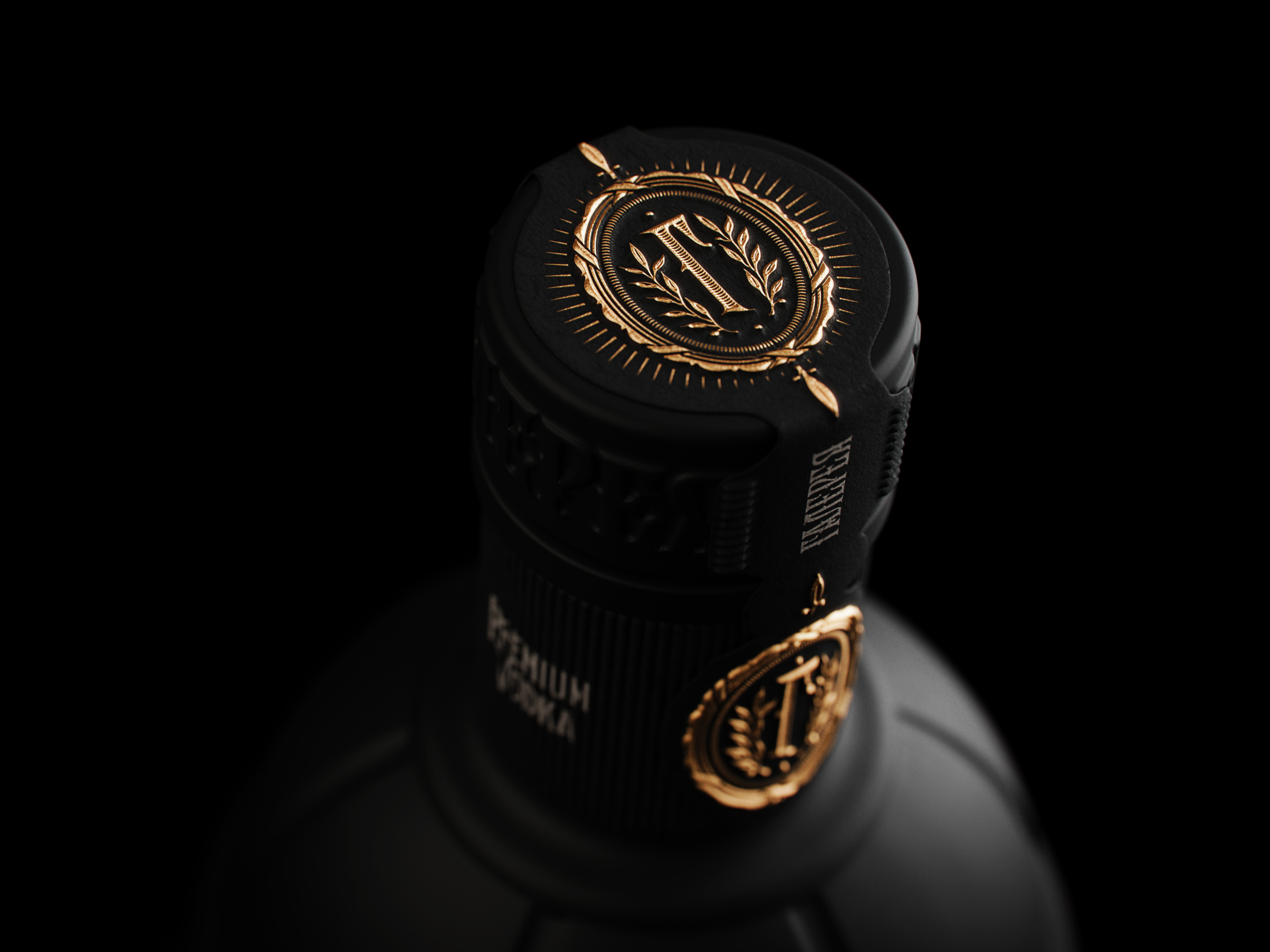 Close-up of black vodka bottle with gold accents on a black background, highlighting the luxury design and brand logo.