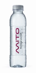 Plastic water bottle covered in water droplets with a grey cap and purple Mito brand label on a white background