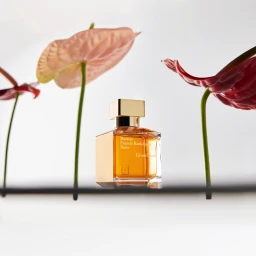 A rectangular glass perfume bottle with a square gold cap sits between green-stemmed anthurium flowers against a white background.