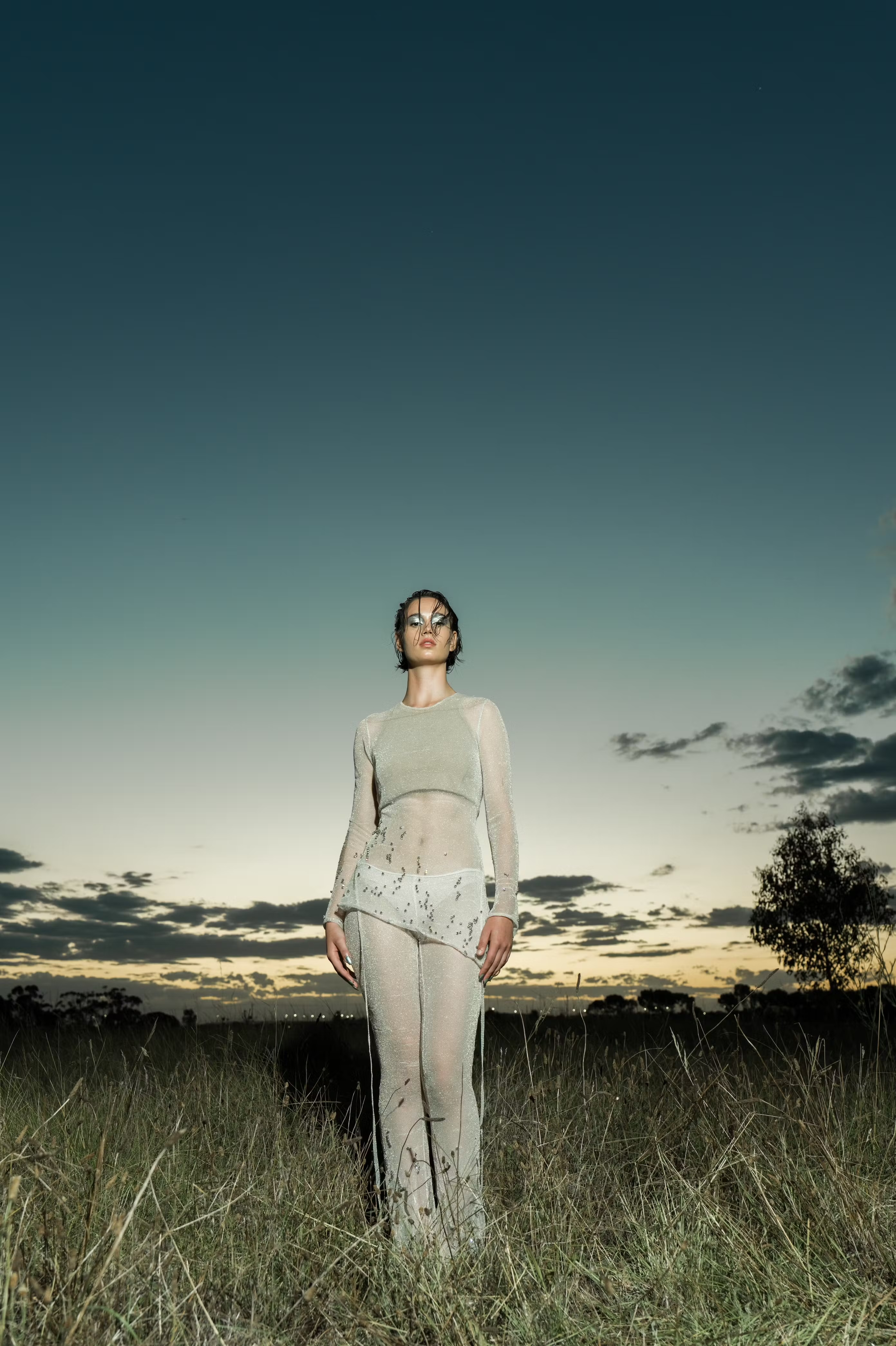 Adult female poses in a sheer long-sleeved top and pants in a field under blue sky at dusk in a full outdoor shot.