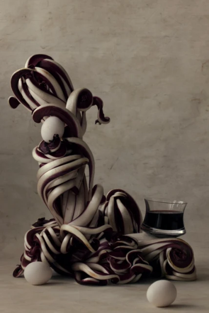 Still life photograph of radicchio arranged vertically with white eggs and a glass of dark red liquid against a textured backdrop.
