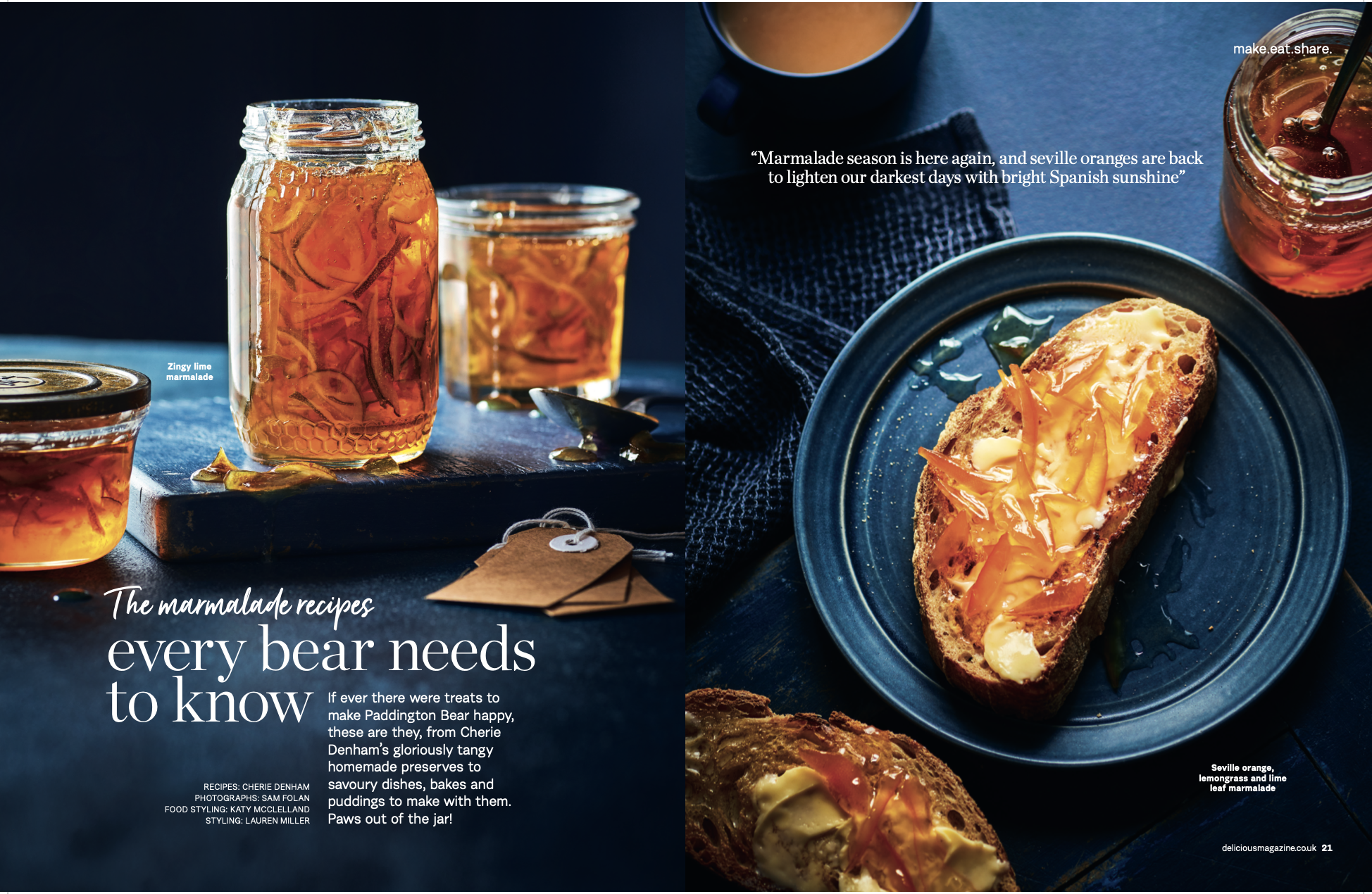 Marmalade in glass jars and on toast; a close-up food still life shows preserved fruit and bread on a blue plate, food photography.