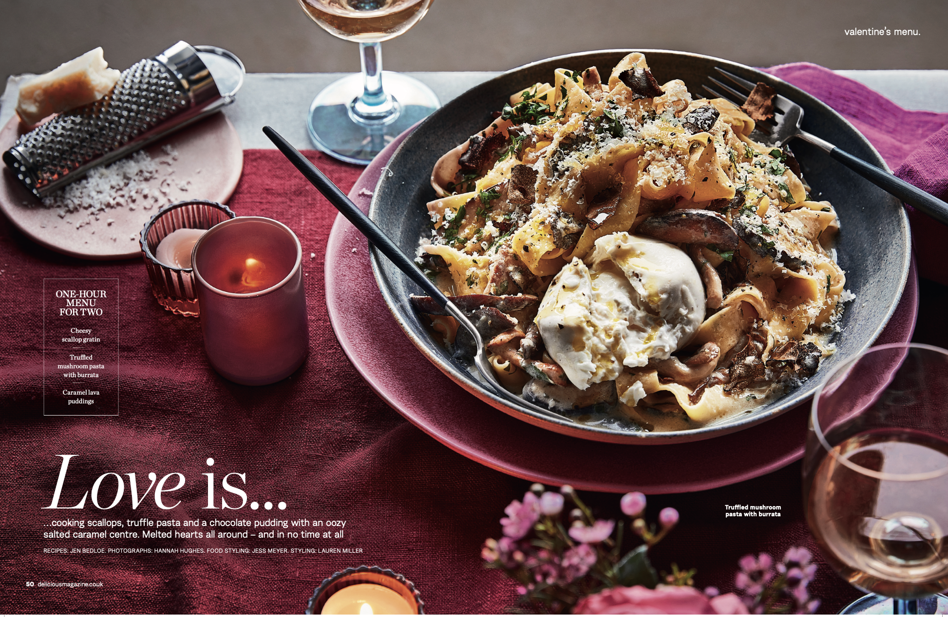 Overhead food photography showcases pasta with burrata, candles, flowers, grater, and wine glasses, styled for a Valentine's Day menu.