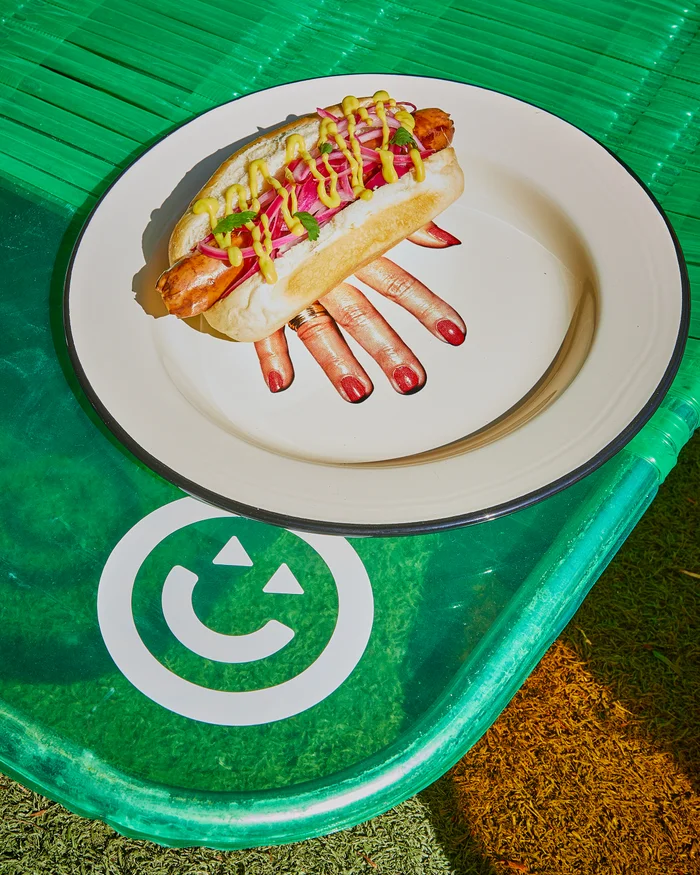 A gourmet hot dog topped with mustard and pickled red onion resting on a decorative ceramic plate featuring printed hand graphics.