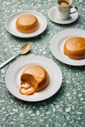 Three caramel desserts on white plates alongside a cup of coffee and a spoon on green terrazzo table