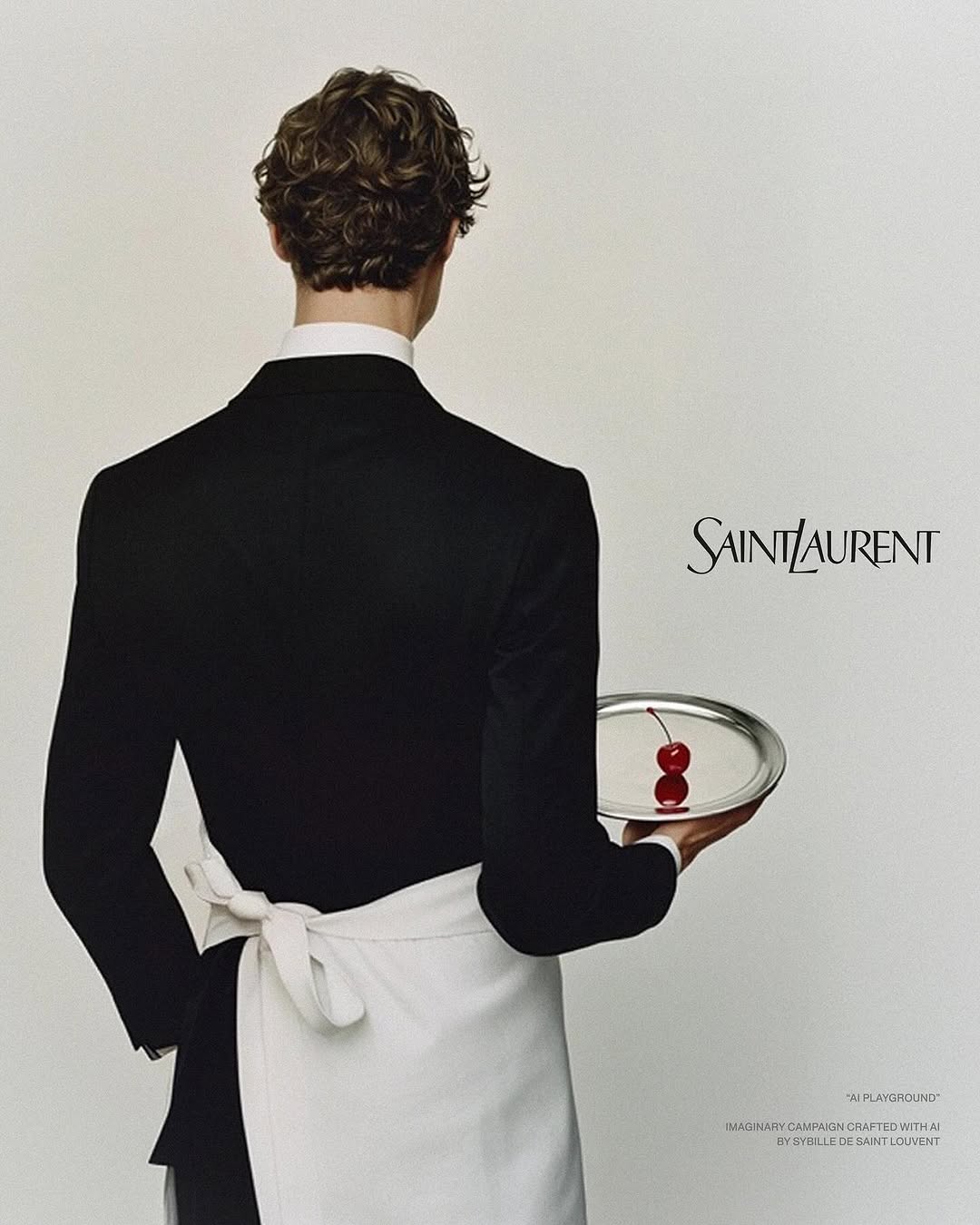 Man in tuxedo and apron holds a silver platter with two cherries, back to camera, in a fashion shot with the Saint Laurent logo.