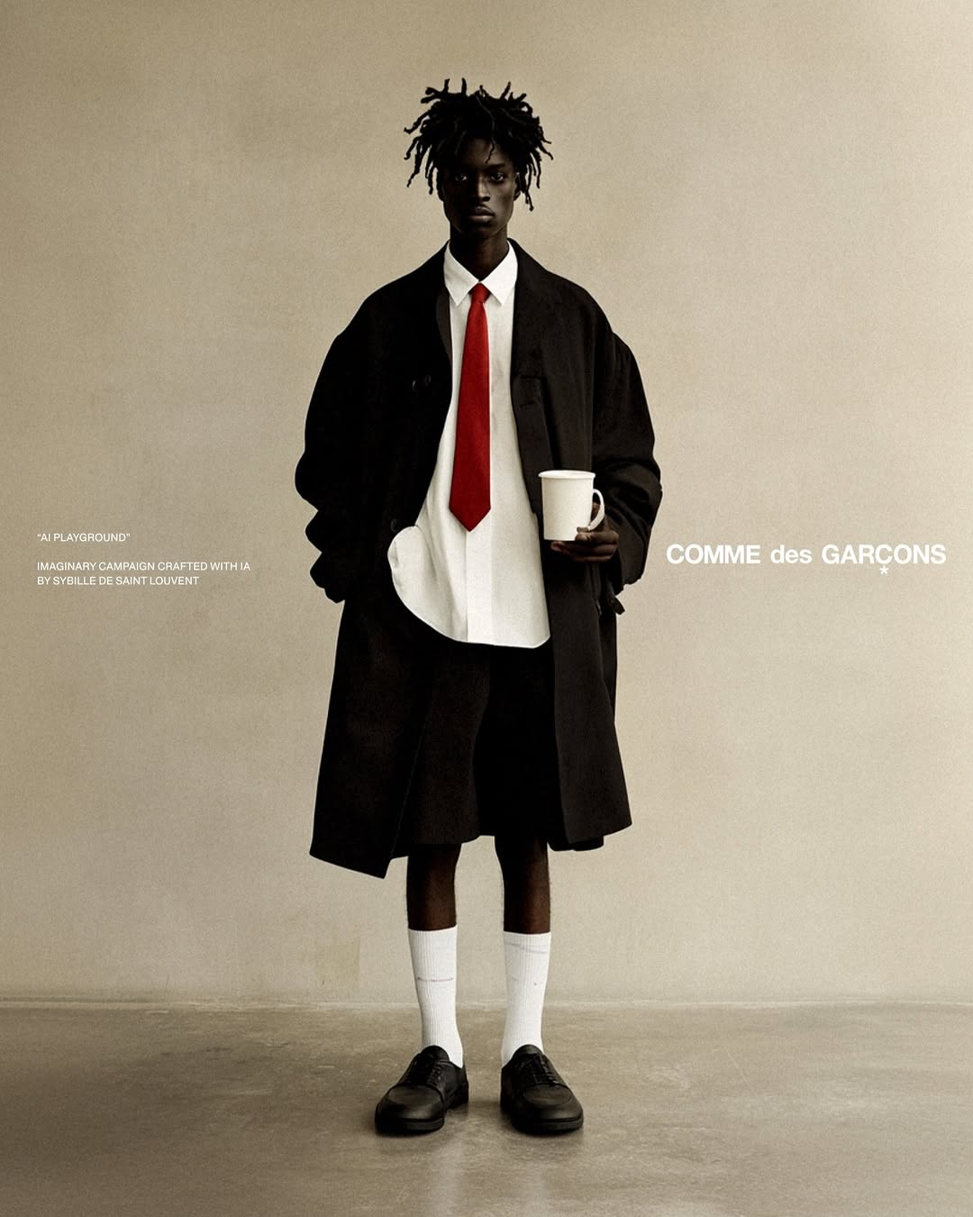 An adult male fashion model in a black coat and red tie, holding a white mug, poses against a light neutral background.
