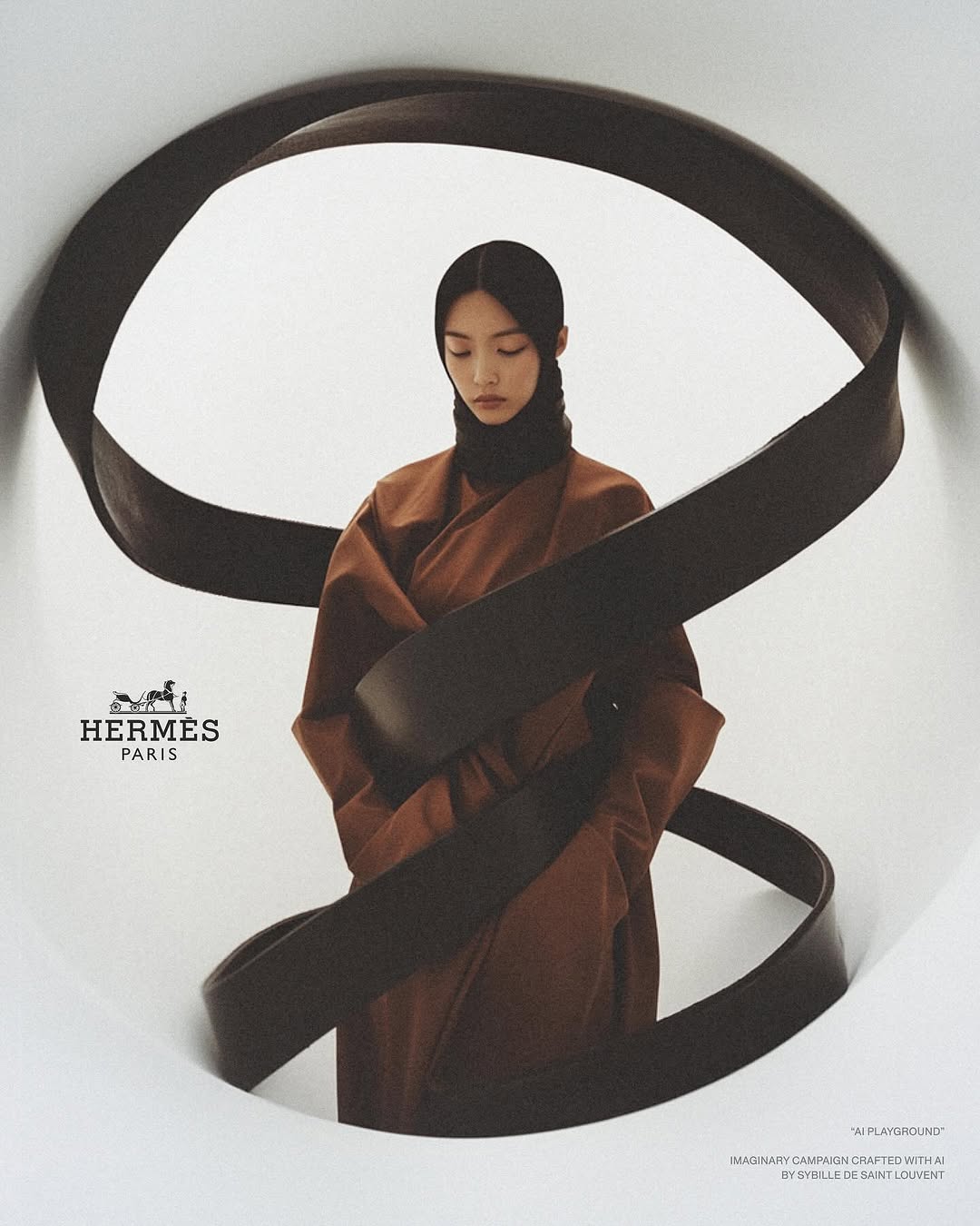 Fashion editorial shot of a woman in a brown coat and black turtleneck, framed by a dark, curved band against a white backdrop.