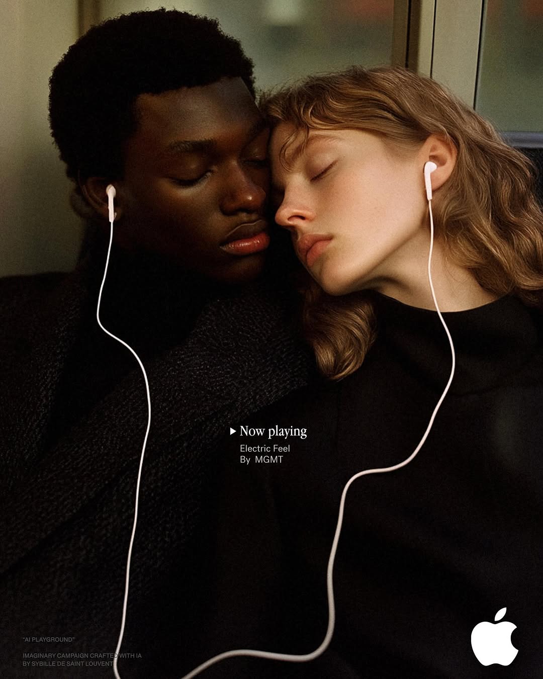 Close-up of an African American man and a Caucasian woman with fair hair, wearing earphones, eyes closed, in a muted, shadowed indoor setting.