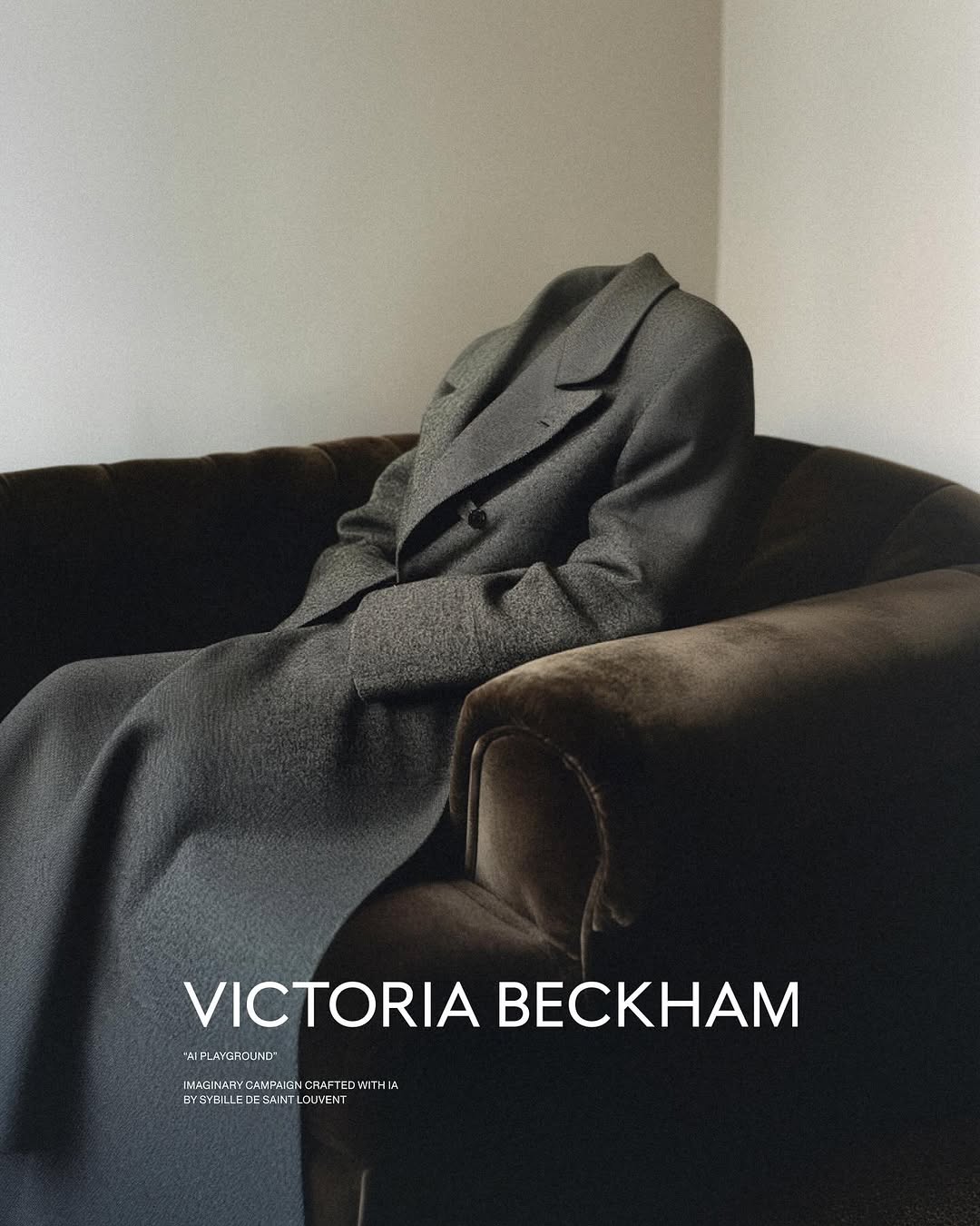Grey coat draped on a brown velvet chair. Clothing appears empty, evoking a sense of mystery and high fashion in a studio setting.