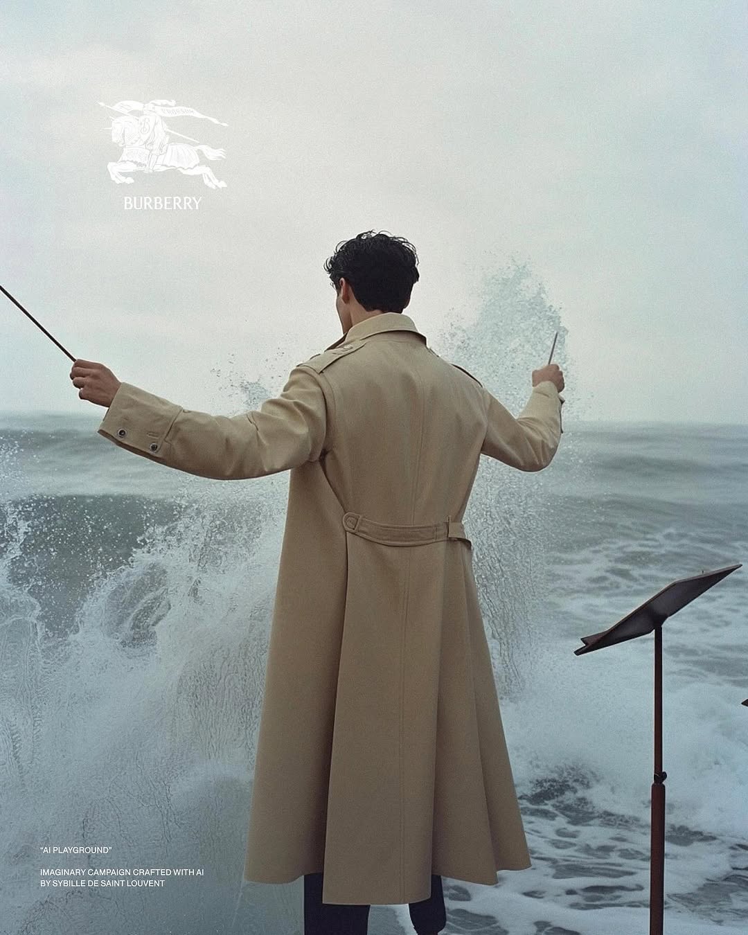 A male model in a trench coat stands on a beach with crashing waves, conducting with batons in a Burberry fashion editorial.