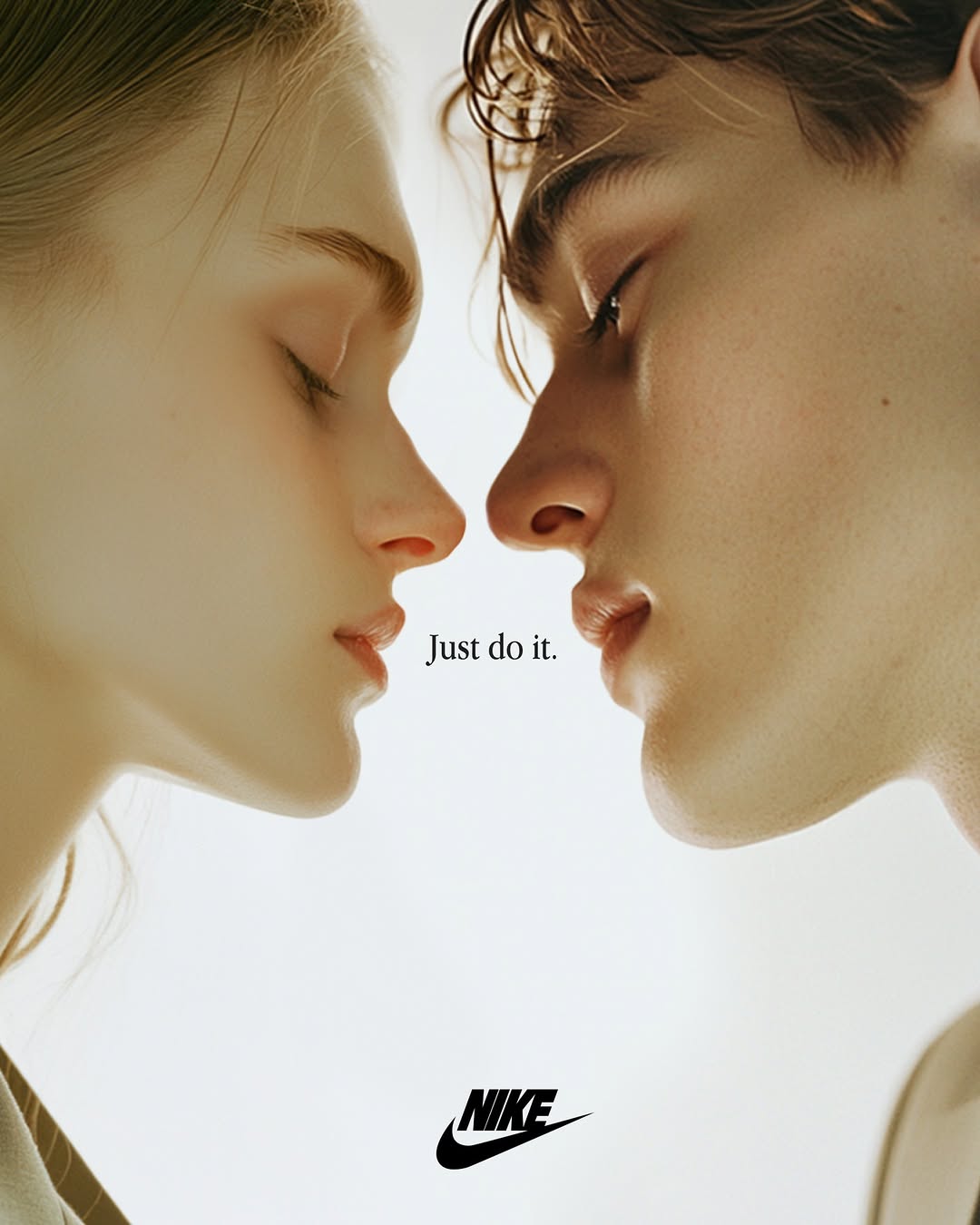 Close up of a young adult couple with fair skin, facing each other with closed eyes in a promotional image with the Nike logo.