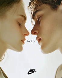 Close-up portrait of two young models facing each other with closed eyes against a white background by Sybille de Saint Louvent.