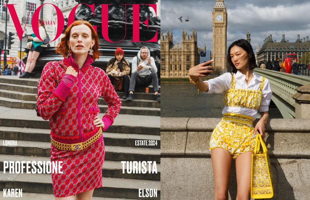 Vogue Italia magazine cover featuring a red-haired model in a patterned tracksuit in London and a woman taking a selfie with Big Ben.