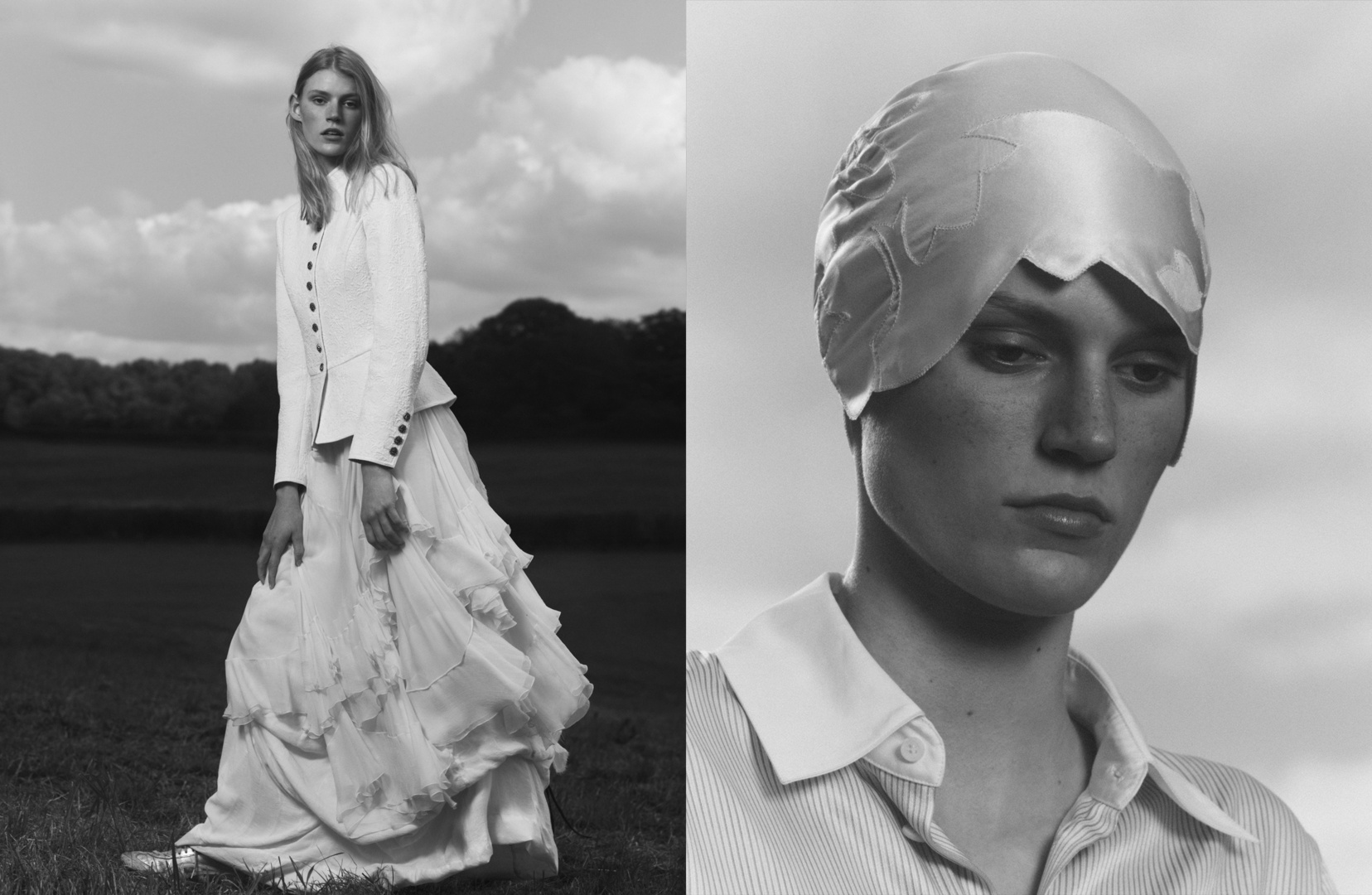 Monochrome fashion shot: Woman in white couture gown poses in a field against a cloudy sky, juxtaposed with a close-up of a person in a cap.