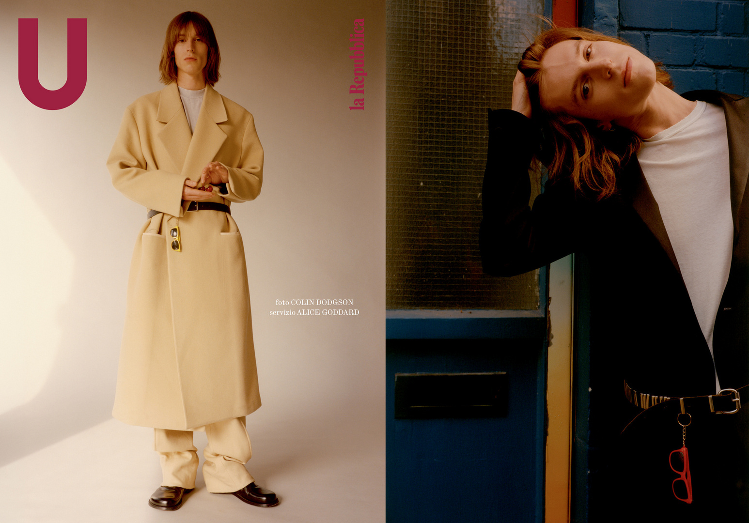 Editorial fashion shot featuring a male model in a beige coat, and a second model leaning against a blue doorway. 