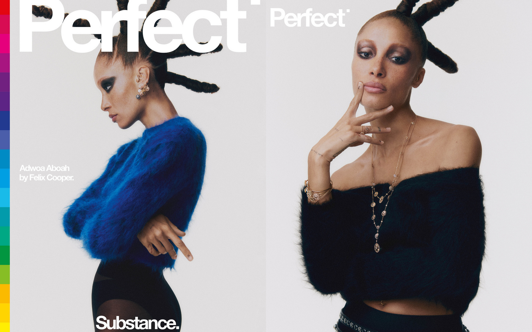 Two women pose indoors for a fashion cover; one wears a blue sweater with black tights, while the other wears a black sweater with jewelry.