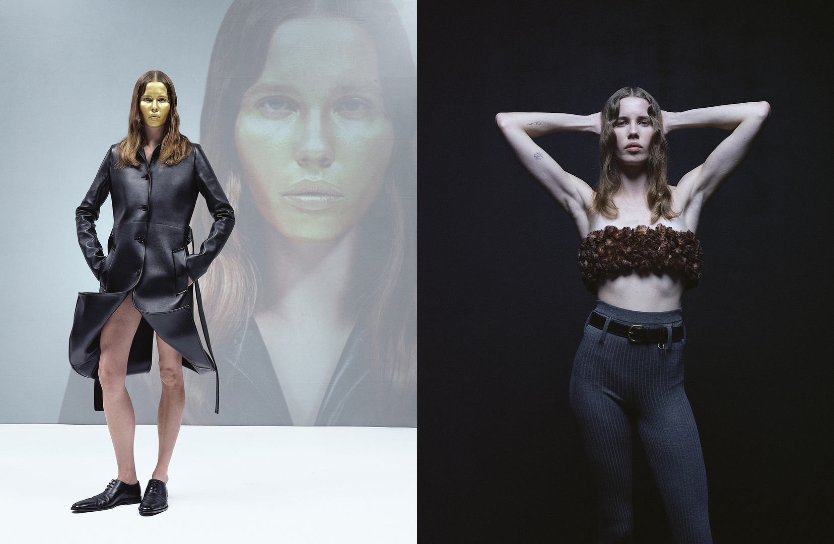 Fashion shot featuring a woman in a black coat with gold mask alongside a model in a brown top and grey pants on a dark background.