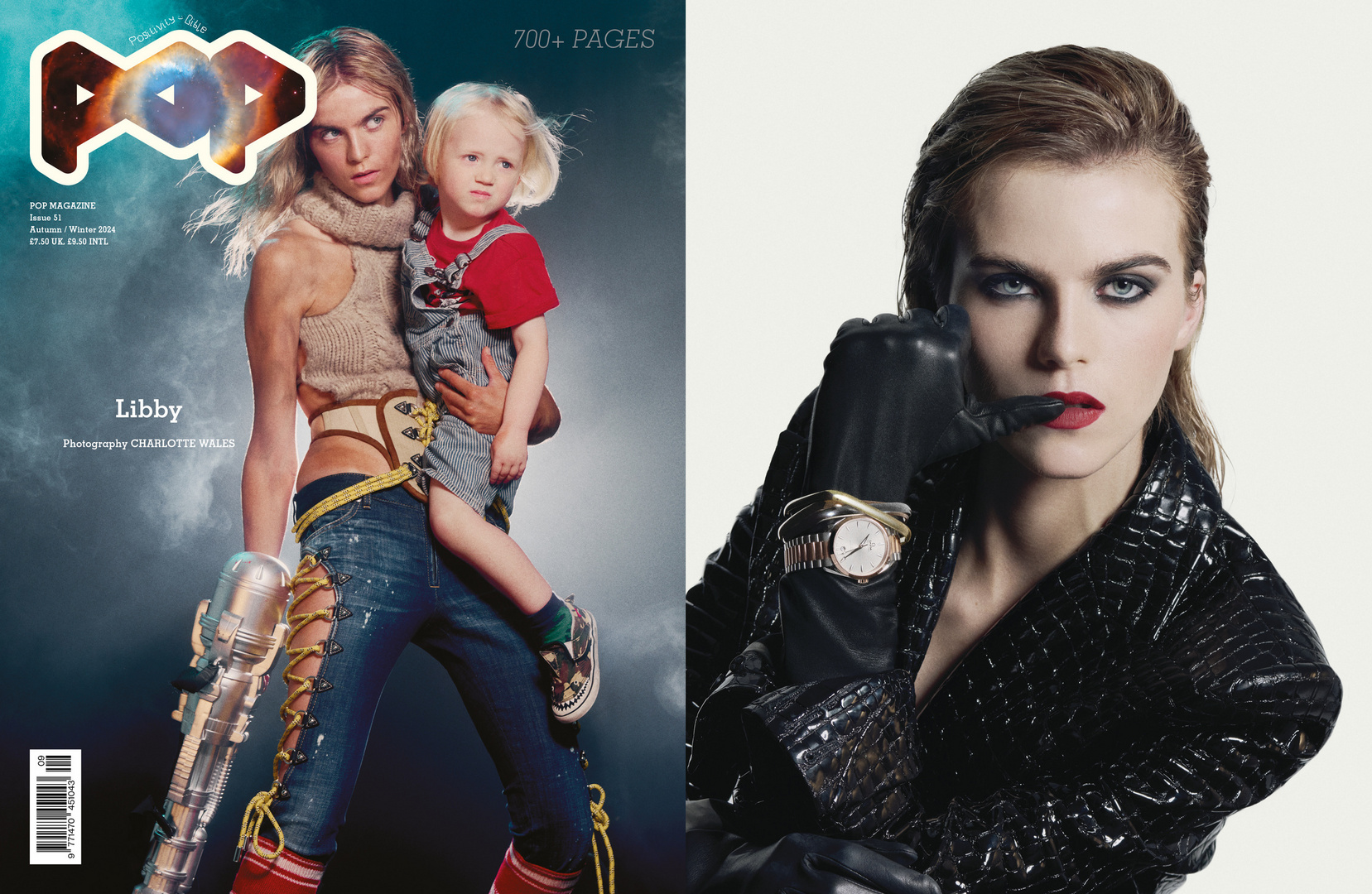 Pop Magazine cover featuring a woman holding a child, contrasted with a woman in a black leather jacket wearing a watch.