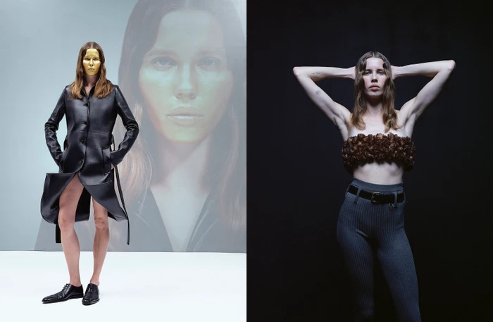 Diptyptique fashion editorial featuring a model in a black coat with gold face makeup and a second image with floral bandeau