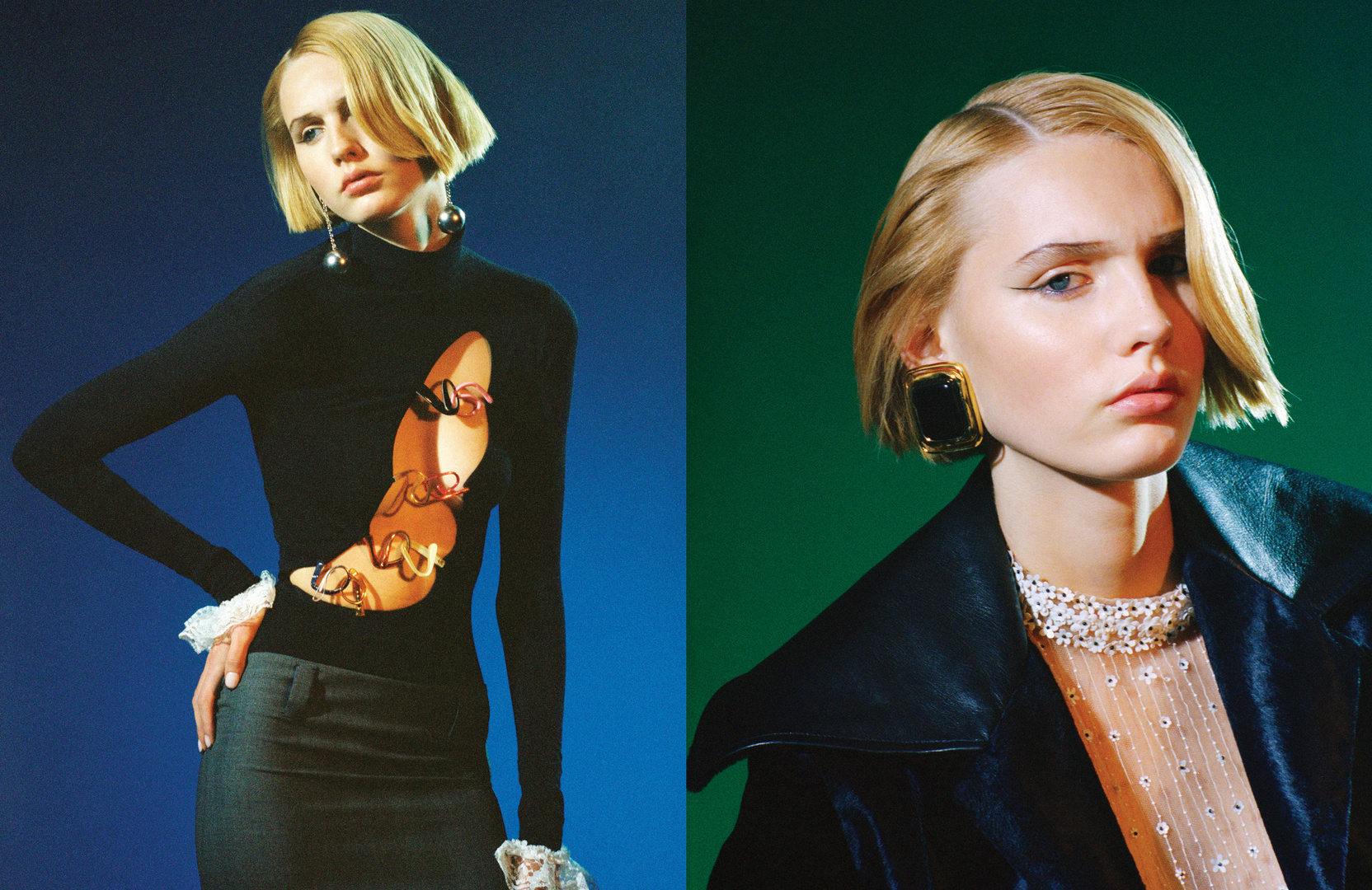Fashion shot of a fair-skinned woman with blonde bob, in black top and skirt, against a blue background, plus a close-up view against green.