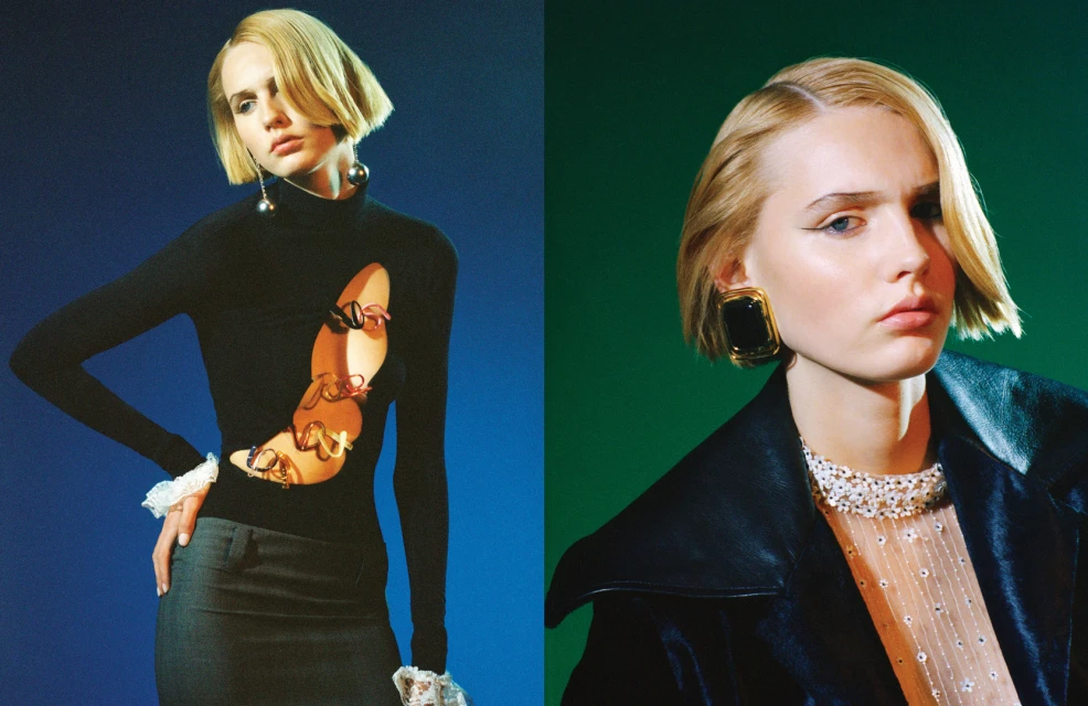 Fashion shot of a fair-skinned woman with blonde bob, in black top and skirt, against a blue background, plus a close-up view against green.