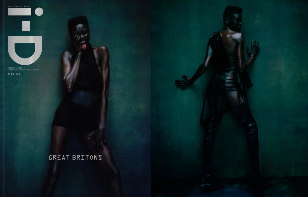 Fashion editorial featuring a dark-skinned model in a black outfit against a moody teal background, exuding a high-fashion and edgy aesthetic.