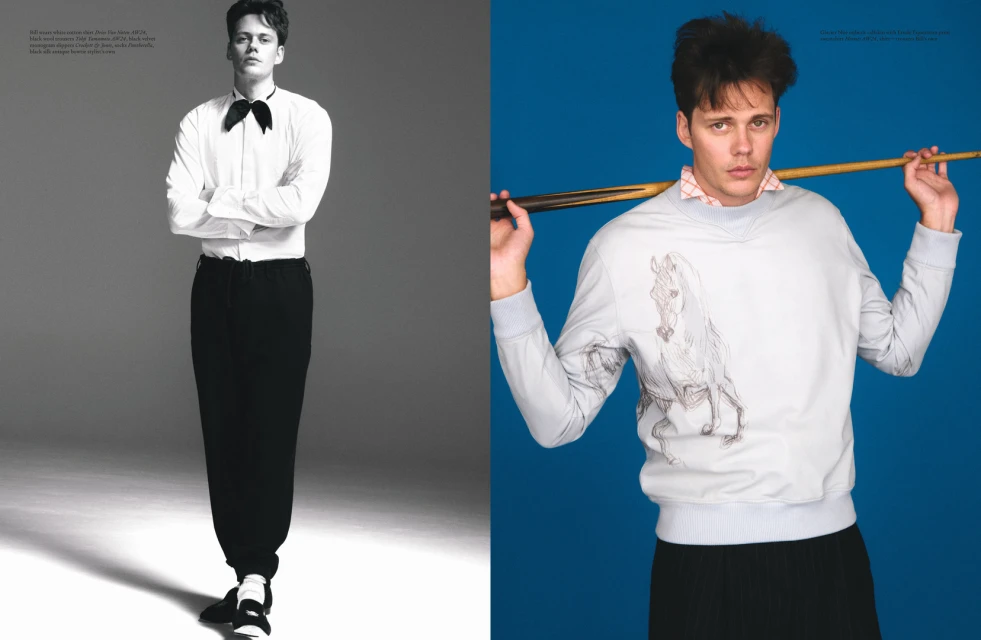 Two-panel fashion shot: man in dress shirt and bowtie with arms crossed, and man in sweatshirt with pool cue on blue.