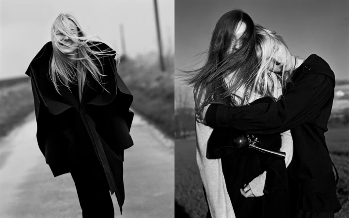 Two black and white fashion portraits featuring models with flowing hair outdoors with hair styling by Kim Rance